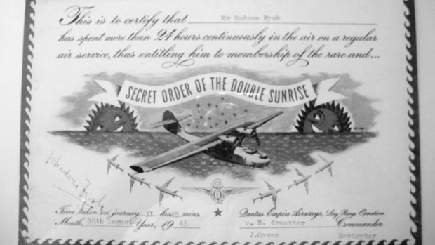 The Double Sunrise certificate earned by Hudson Fysh in August 1943 when he flew home on the Catalina service after a visit to Britain. The flight took 32 hours, the longest ever recorded for the crossing.