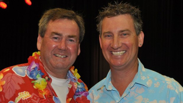 8 November 2013 Canberra Times Photo by Lyn Mills for SOCIALS....Hawaiian Ball for Cancer Support Group........Paul Walshe and Cam Sullings