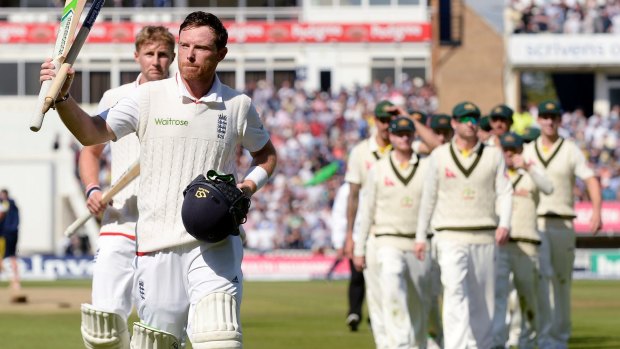 Ian Bell acknowledges the crowd after England won the third Ashes Test match at Edgbaston in July last year.