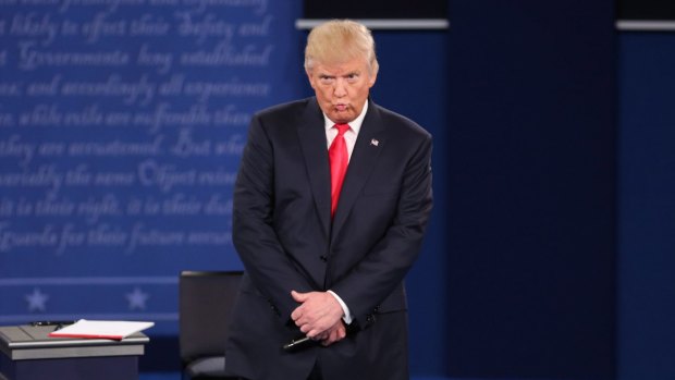 Donald Trump listens to a question during the second presidential debate.
