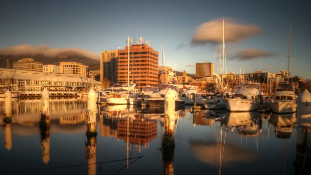 Looking across Hobart’s harbour to the city centre.