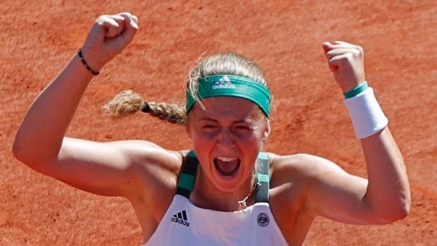 Latvia's Jelena Ostapenko celebrates winning the women's final at the French Open on Saturday.