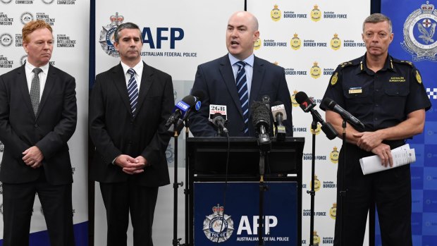 From left, Australian Criminal Intelligence Commission state manager Warren Gray, NSW Police Detective Superintendent Scott Cook, AFP Detective Acting Superintendent Luke Needham and Australian Border Force commander Tim Fitzgerald announce the bust.