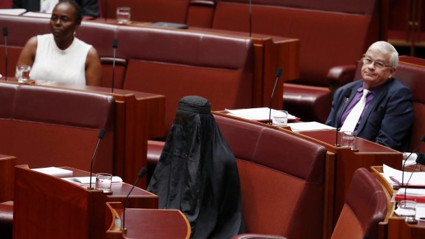 One Nation senator Pauline Hanson wearing a burqa during Question Time at Parliament House in Canberra in August.