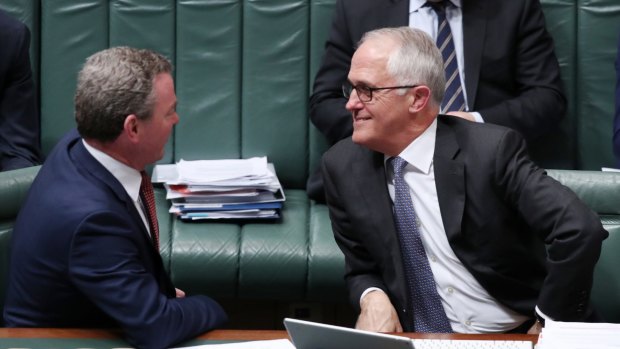 Prime Minister Malcolm Turnbull with Christopher Pyne in question time after the High Court decision on the same-sex marriage postal vote.