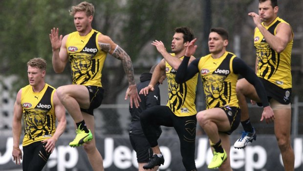 Richmond in training at Punt Road Oval on Saturday. From left to right: Josh Caddy, Alex Rance , Nathan Broad, Dion Prestia and Toby Nankervis.