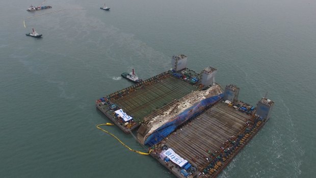 A submersible vessel attempts to salvage sunken Sewol ferry in waters off Jindo in Jindo-gun, South Korea.