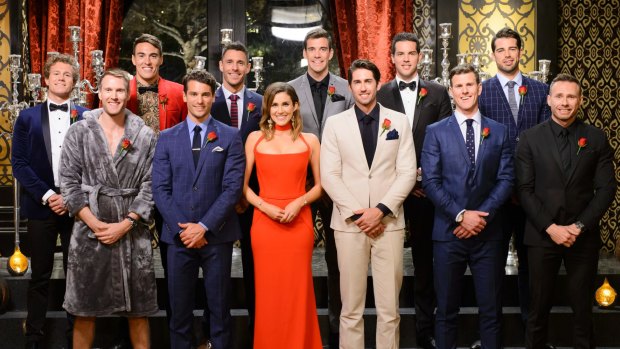 The Bachelorette with all her potential suitors, back at the beginning of the show.