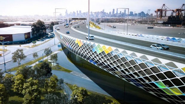 An artist's impression of the Footscray Road elevated freeway section of the West Gate Tunnel. 