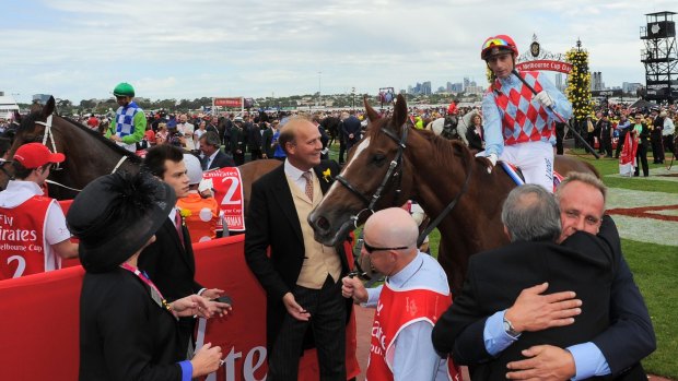 Fourth coming: Trainer Ed Dunlop (centre) with Red Cadeaux after finishing second in Tuesday's Cup.
