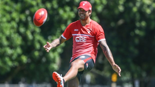 Happy to be back: Lance Franklin at Swans training on Tuesday.