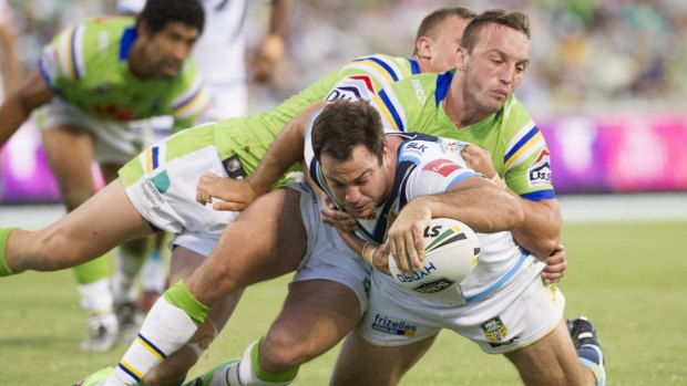 Titans prop David Shillington scores a try in Saturday night's 24-20 win against the Raiders at Canberra Stadium.