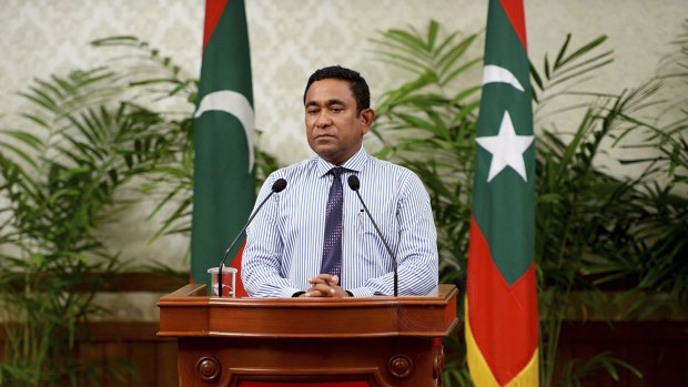 Maldivian President Abdulla Yameen addresses the nation in Male, Maldives, last month.