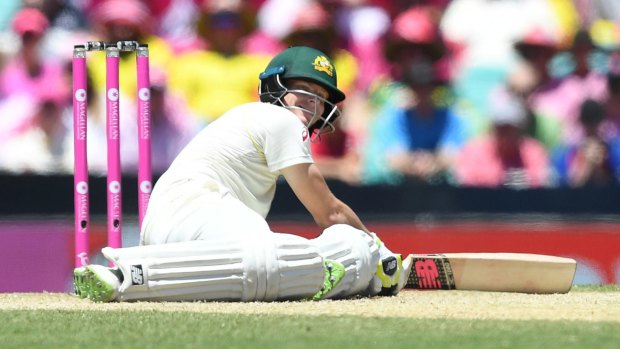 Fallible: Steve Smith lands on the turf after defending himself from a James Anderson short ball.