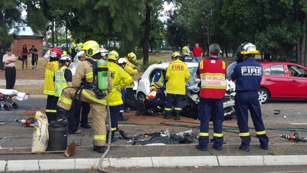 A five car pile-up in Sackville Street, Canley Vale, left six people injured and one trapped.