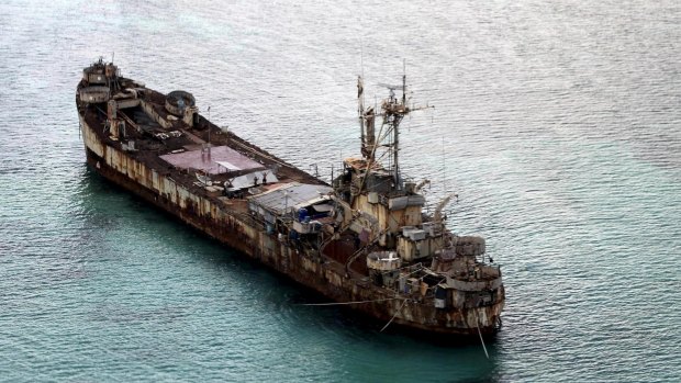 Filipino soldiers on the Sierra Madre, a rusting hulk anchored near Ayungin shoal (Second Thomas Shoal) in the Spratly group of islands in the South China Sea.