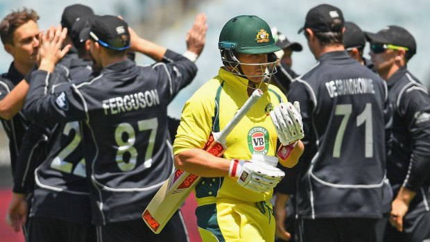 Run of outs: Aaron Finch walks after being dismissed in the second over.