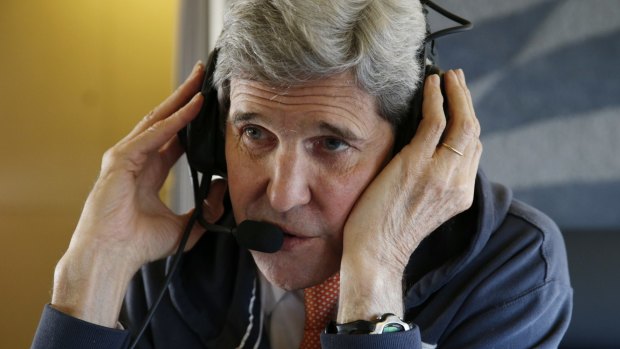 US Secretary of State, John Kerry, on his plane en route to Vienna on Saturday.