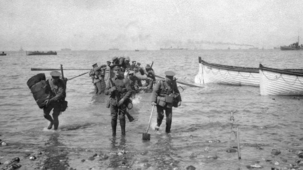 Australian troops wade ashore at Anzac Cove.