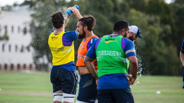 Brumbies players cool off during training on Tuesday afternoon.
