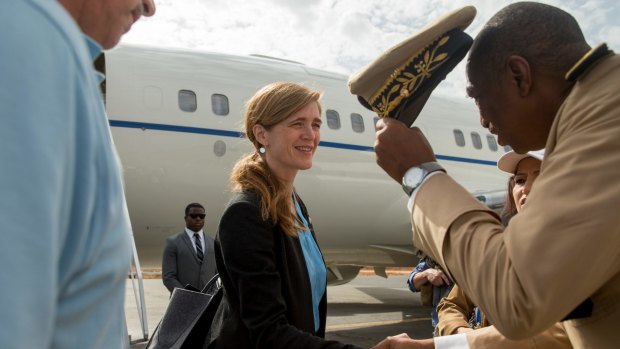 The US ambassador to the United Nations, Samantha Power, is greeted by Governor Midjiwaya Bakari after arriving in Maroua, Cameroon.
