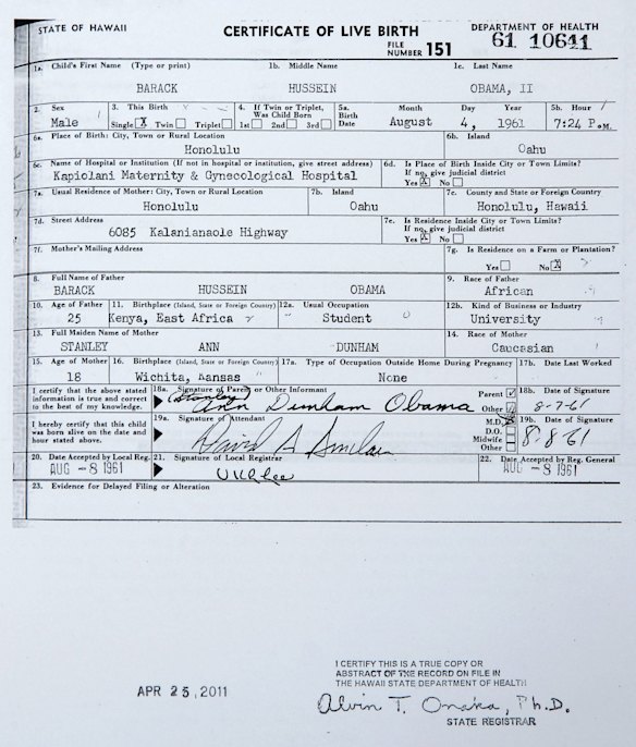 A copy of the long form of President Barack Obama's birth certificate from Hawaii.