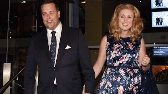 Jason Falinski leaves Dee Why RSL with his wife after defeating Bronwyn Bishop in the Liberal pre-selection ballot for the seat of Mackellar.