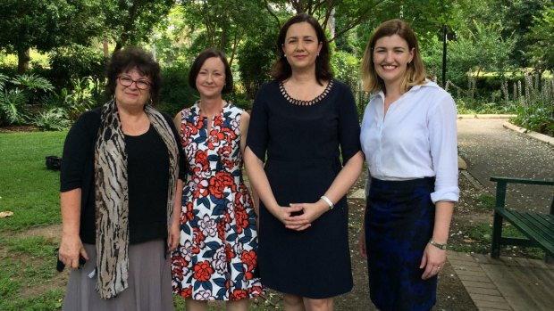 DV Connect CEO Di Mangan, Attorney General Yvette D'ath, Premier Annastacia Palaszczuk and Minister for communities Shannon Fentiman announce laws to attract higher sentencing for non-fatal strangulation.