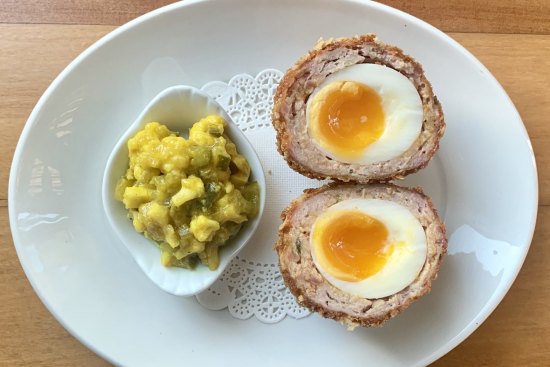 Scotch egg with a sausage mince of pork neck, bacon, sage and white pepper.
