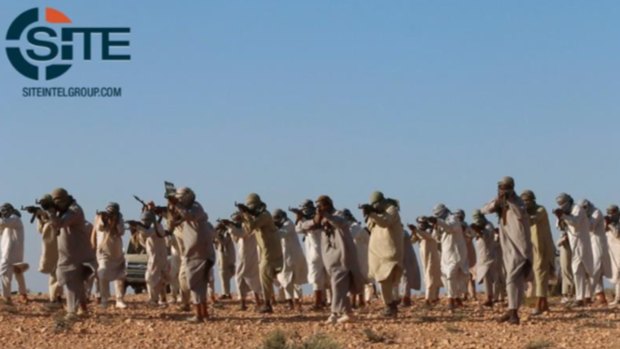 This image posted online on February 5, 2016, by supporters of the Tripoli Province of the Islamic State in Libya on a social media site, and vetted by SITE Intel Group, shows fighters training at a camp in Libya. 