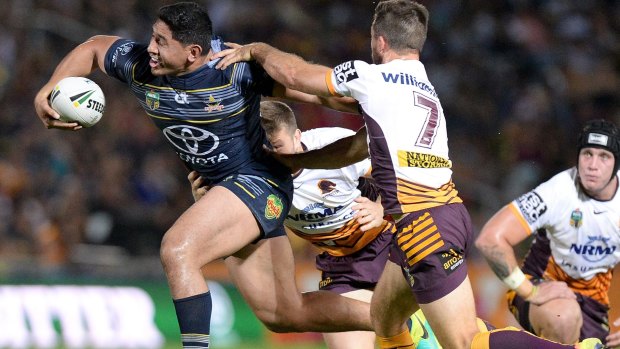 Unstoppable: Jason Taumalolo makes a trademark surge in an enormous performance for the Cowboys.