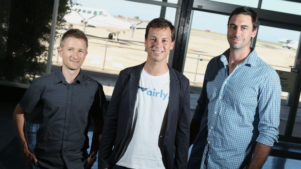 Airly co-founders, from left, Ivan Vysotskiy, Alexander Robinson and Luke Hampshire, are seeking funding for the private jet service.