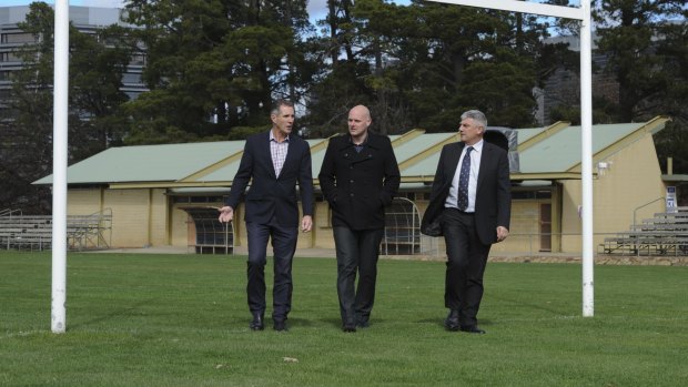 Raiders chief executive Don Furner, PCYC chief executive Stephen Imrie and Raiders general manager Mark Vergano at Northbourne Oval.