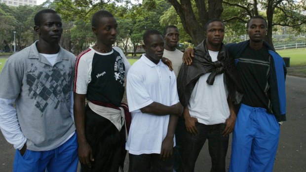 Members of the Sierra Leone Commonwealth Games Team, pictured in Sydney, just before giving themselves up to immigration officials. They are from left, Sandy Walker, Alhassan Bangure, Musa Kamara Alie Dady Bangure, Lamin Tucker and Mohamad Sesay.
