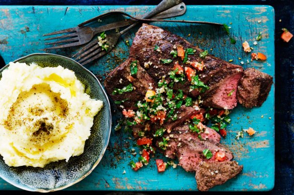 Neil Perry's zaatar crusted lamb fillet with skordalia.