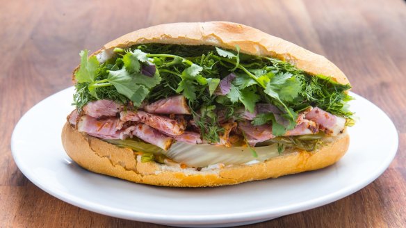 The 'banhstrami' with housemade pastrami, pickled mustard greens and dill.