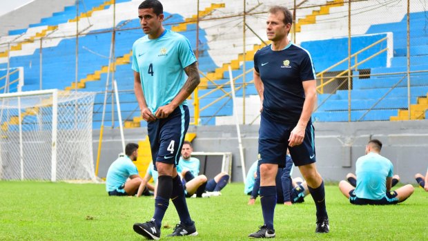 Bend and stretch: Tim Cahill kept it simple at Socceroos training.