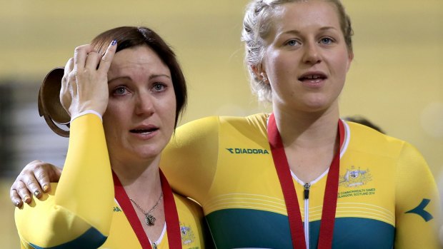 Friends and rivals: Anna Meares (L) with Morton on the podium.