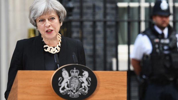 Britain's Prime Minister, Theresa May, addresses the media following the London Bridge terror attack.