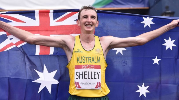 Personal best: Queenslander MIchael Shelley celebrates after winning the men's marathon in Glasgow.