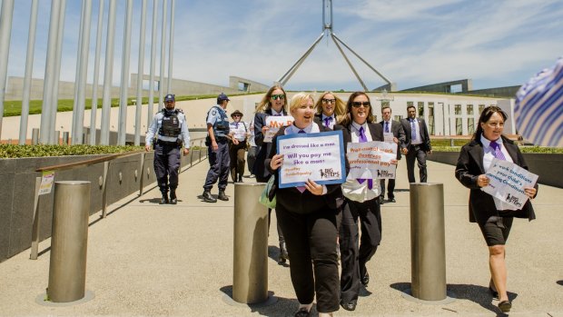 Protesters outside Parliament House on Monday.