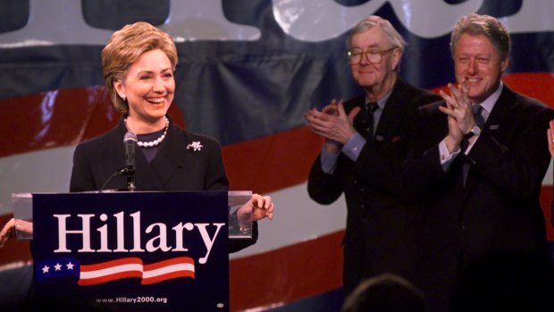 Hillary Clinton announcing her run for the Senate in 2000. Close friends deny she is an enabler of her husband.