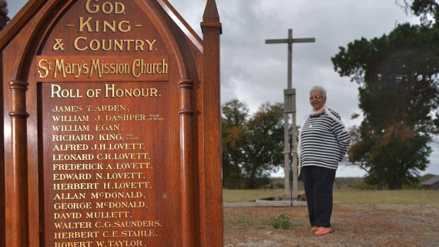 The Roll of Honour that was rescued from the deliberately destroyed mission church. Laura Bell, Frederick Lovett's daughter, on the site of the old church on Lake Condah. 