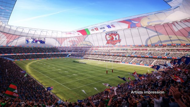Lights up: An artist's impression of a new Allianz stadium during a Roosters game.