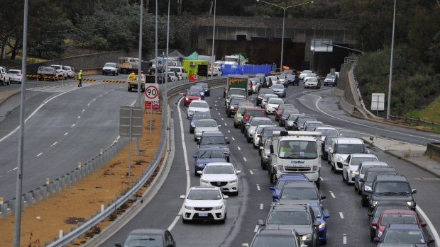 Heavy traffic on Parkes Way, during the Thursday morning rush.