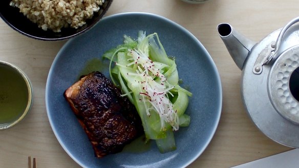 Cho Cho San's miso ocean trout with celery salad and brown rice. 