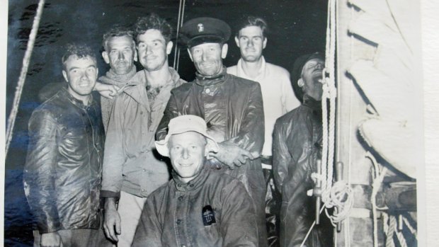 The crew of yacht Rani after it finished the first Sydney-to-Hobart race.