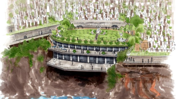 Possibility: Artist's impression of the pavilion set in the gully of Waverley Cemetery.