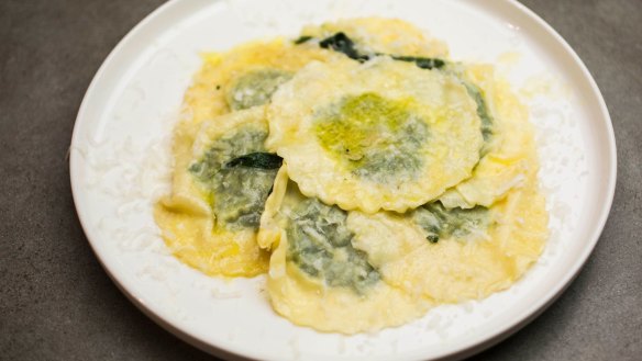 Hand-rolled tortelli filled with spinach and parmesan, with burnt butter sauce.
