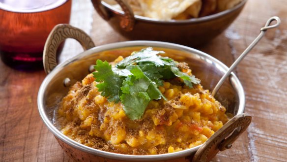 Red lentil dhal sprinkled with garam masala.